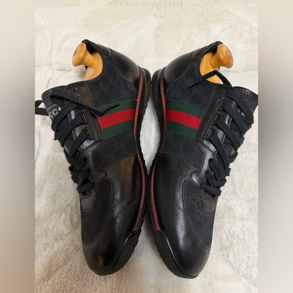 Gucci Ace Black Leather Canvas Signature Red Stripe Low Tennis Sneakers 10.5 - Picture 6 of 16